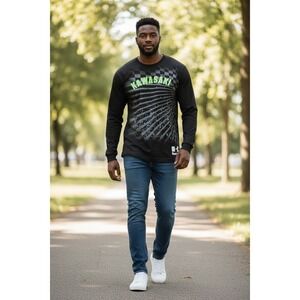 Kawasaki Long Sleeve T-Shirt Men's Black Green L Cotton Graphic Racing Tee